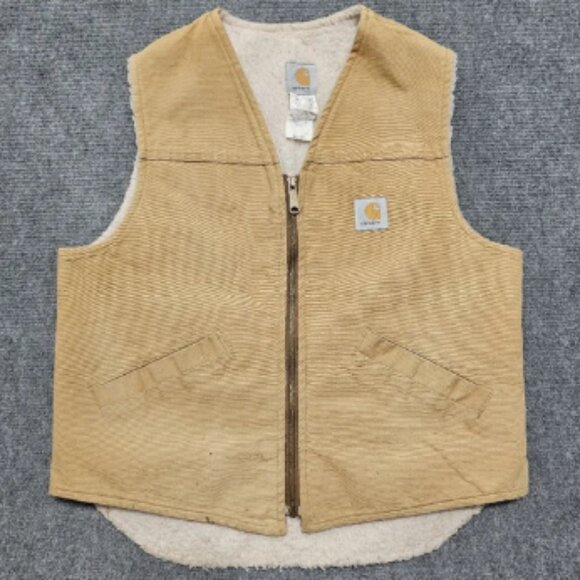 VTG Carhartt V03 BRN Sherpa Lined Duck Canvas Vest Union Made USA Brown LG 80s - Picture 1 of 14